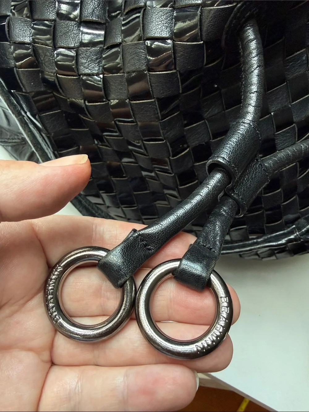 Brahmin Black Woven Leather Bucket/Drawstring Shoulder Bag